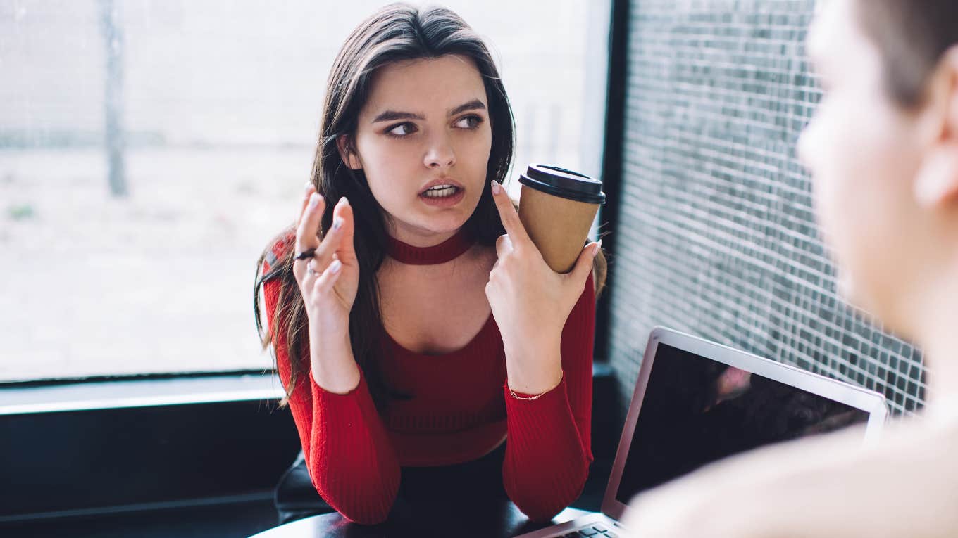 Phrases Spouse Being Irrational Woman in red top being irrational spouse in cafe
